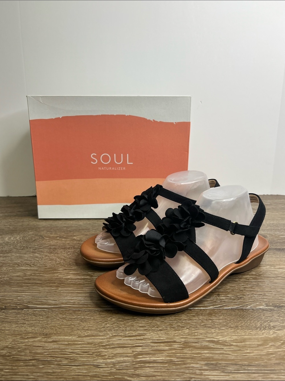SOUL Naturalizer Sing Black Floral Sandals Size 10M Comfort Wedge Lightweight